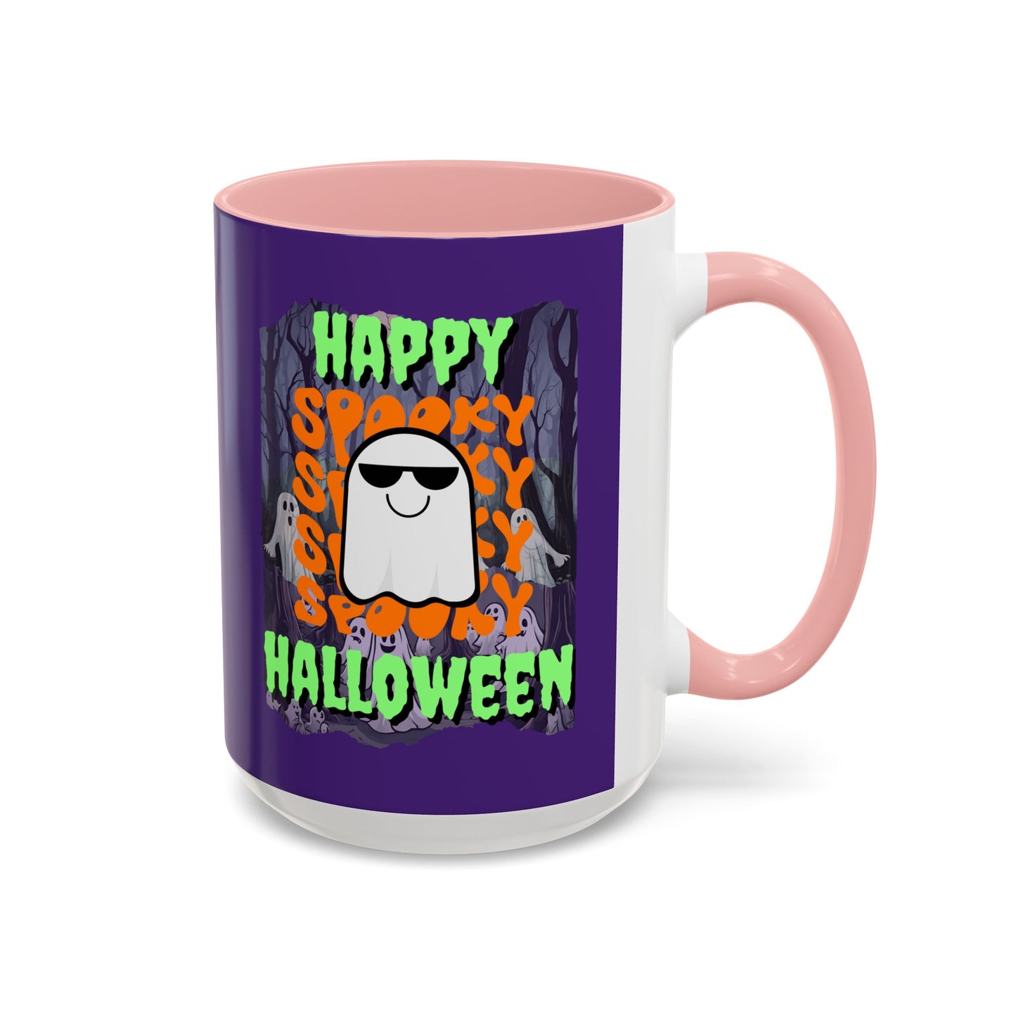 Spooky Happy Halloween Ghost Green font Purple Accent Mug by CreepyCrafts.boo