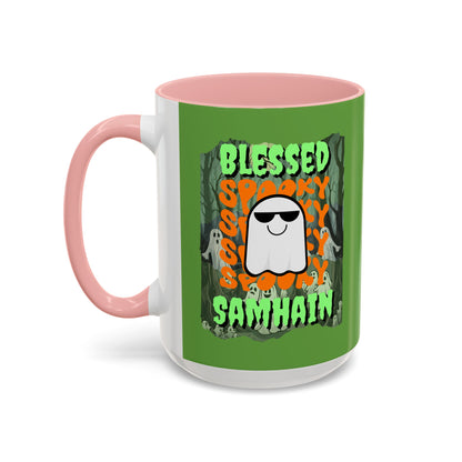 Spooky Blessed Samhain Ghost Green font Accent Mug by CreepyCrafts.boo