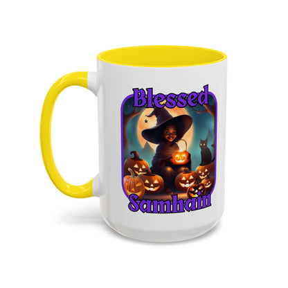 Blessed Samhain Cute Witch Purple font White Accent Mug by CreepyCrafts.boo