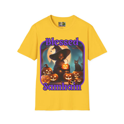 Blessed Samhain Cute Witch Purple font Light colors Unisex T-Shirt by CreepyCrafts.boo