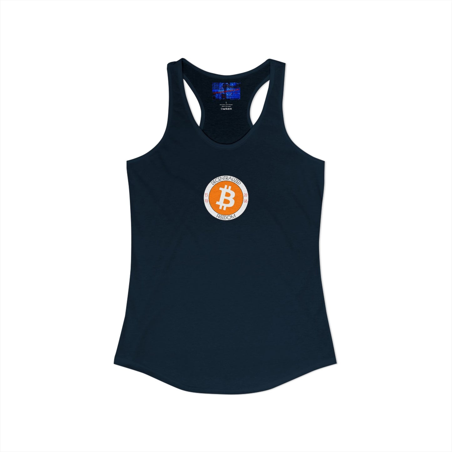 2-sided, Bitcoin (BTC) Decentralized Freedom Women's Racerback Tank Top by cypherpunkgear.com