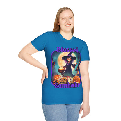 Blessed Samhain Little Witch Purple font Dark colors Unisex T-Shirt by CreepyCrafts.boo