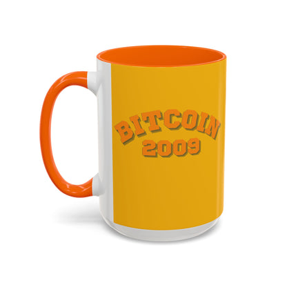 Bitcoin 2009 Yellow Accent Mug by cypherpunkgear.com