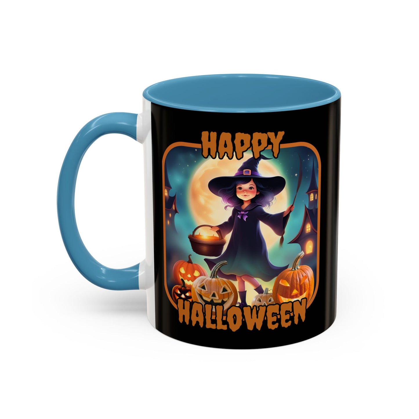 Happy Halloween Little Witch Orange font Black Accent Mug by CreepyCrafts.boo