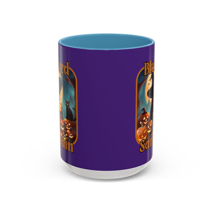 Blessed Samhain Cute Witch Orange font Purple Accent Mug by CreepyCrafts.boo