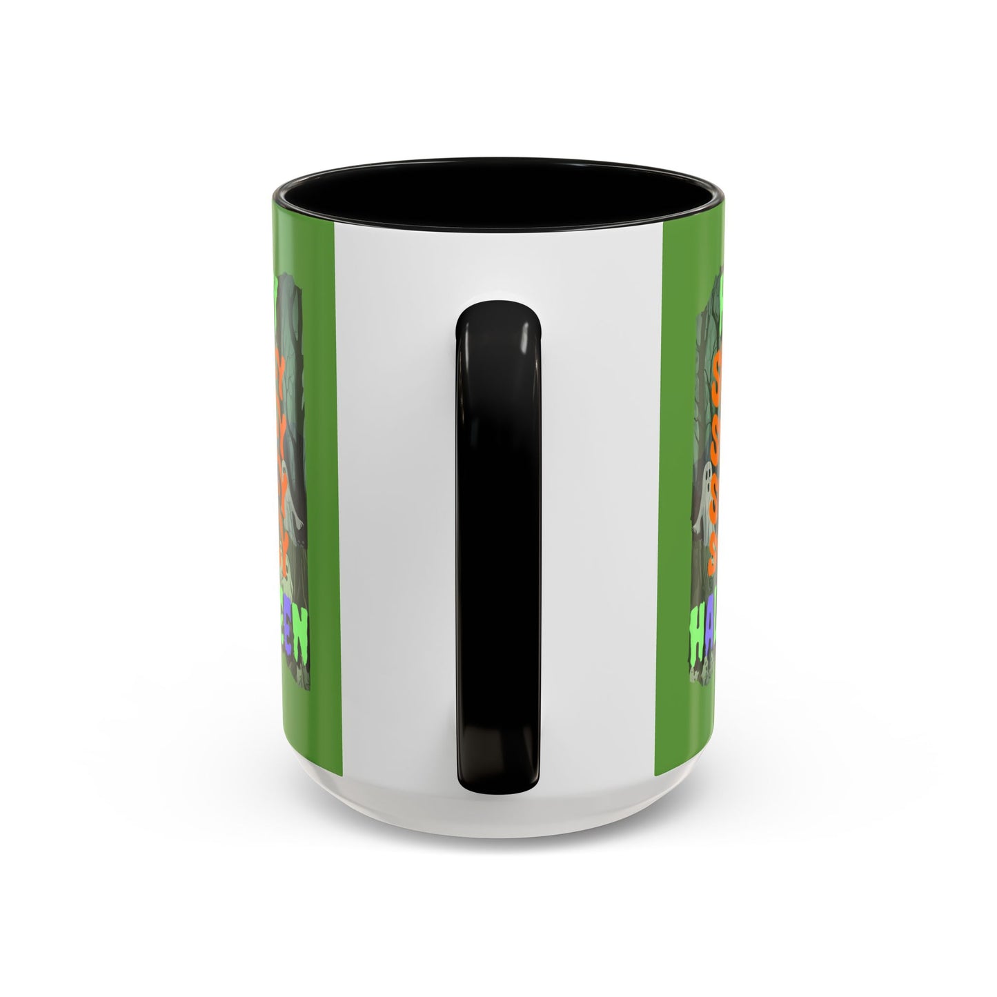 Spooky Happy Halloween Ghost Mixed font Green Accent Mug by CreepyCrafts.boo