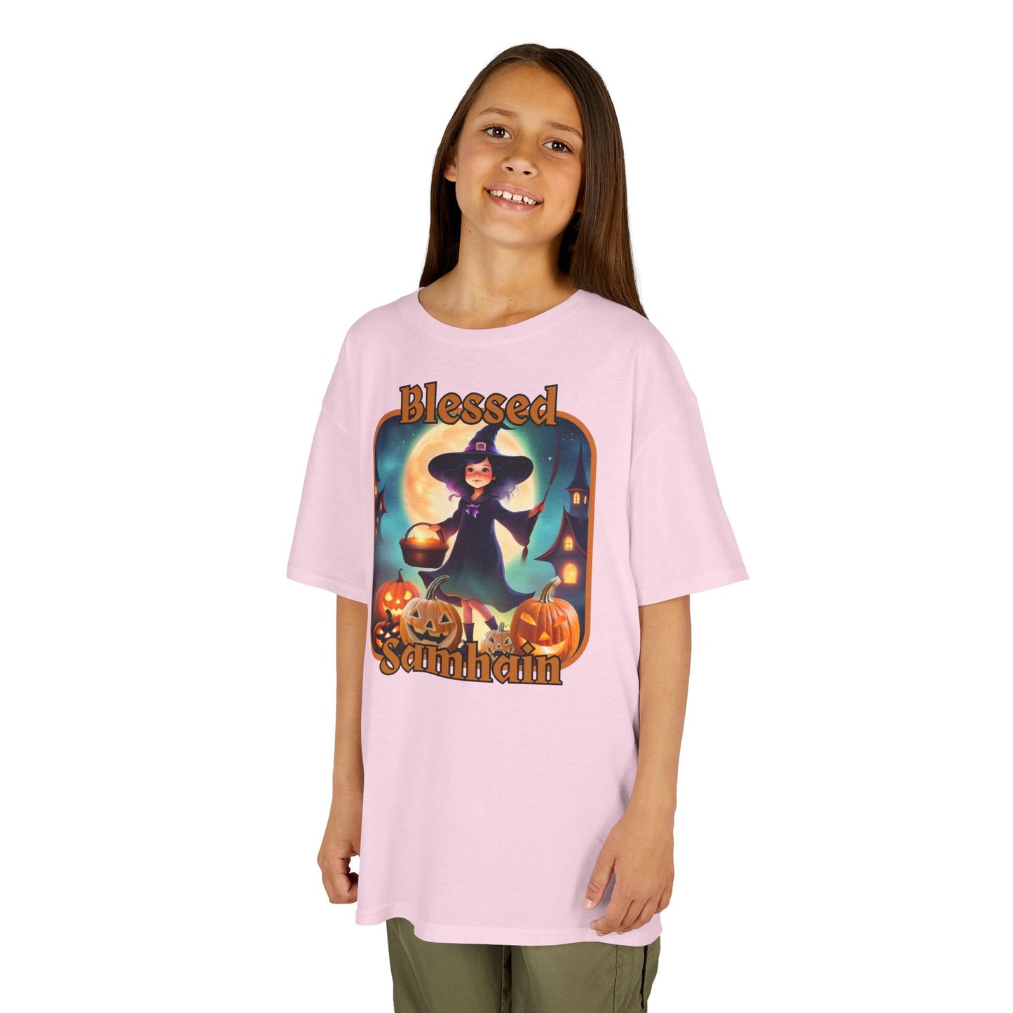 Blessed Samhain Little Witch Orange font Kids Heavy Cotton™ Tee by CreepyCrafts.boo