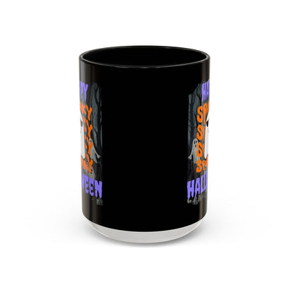 Spooky Happy Halloween Ghost Purple font Black Accent Mug by CreepyCrafts.boo