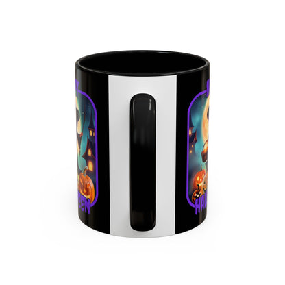 Happy Halloween Little Witch Purple font Black Accent Mug by CreepyCrafts.boo