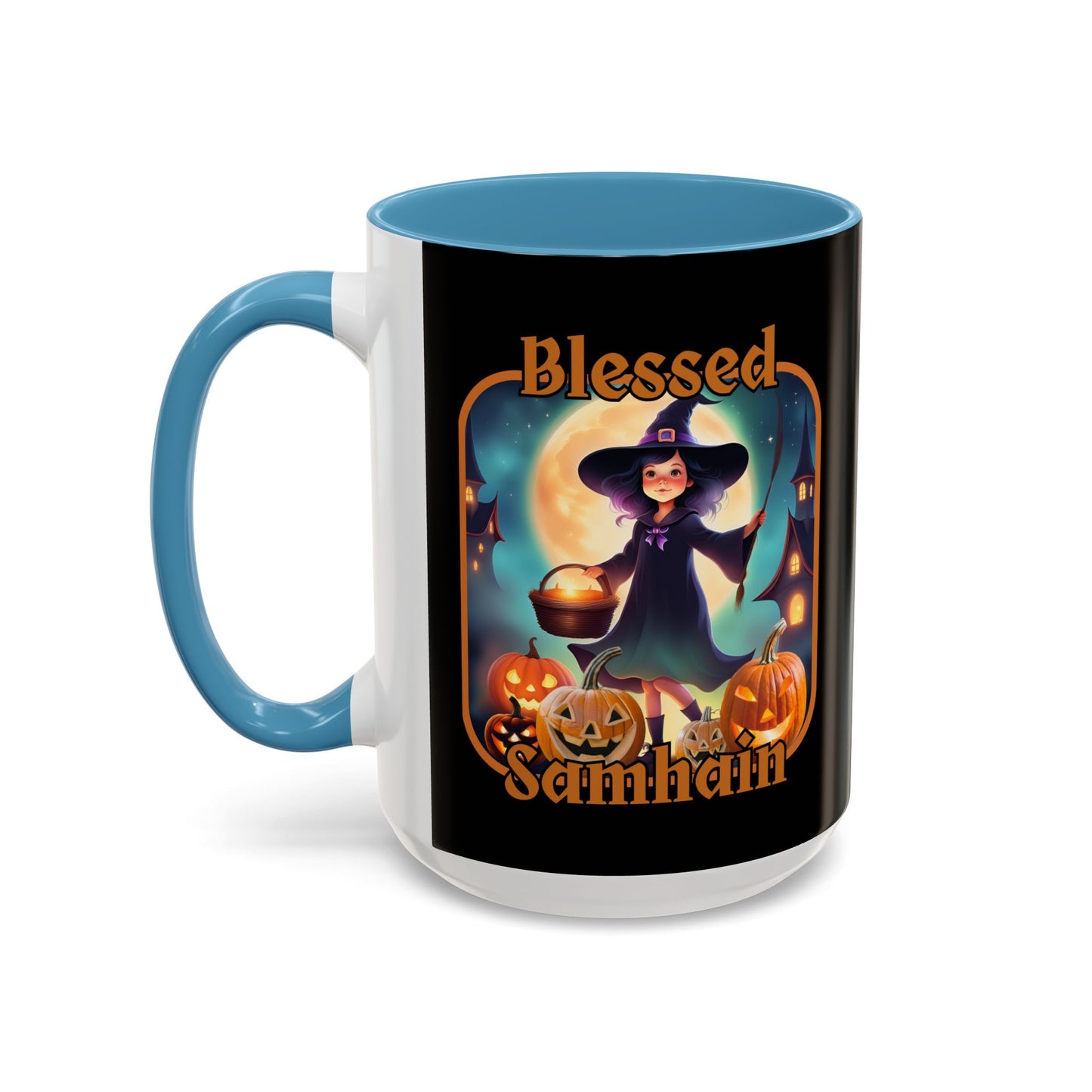 Blessed Samhain Little Witch Orange font Black Accent Mug by CreepyCrafts.boo