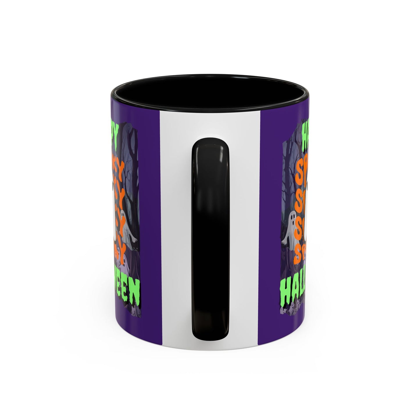 Spooky Happy Halloween Ghost Green font Purple Accent Mug by CreepyCrafts.boo
