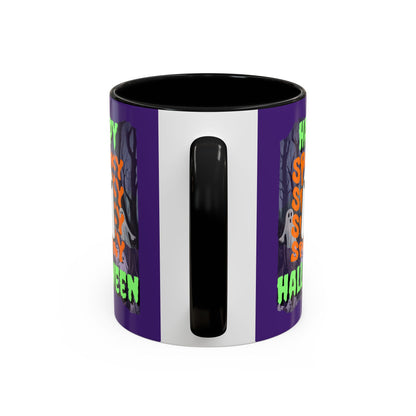 Spooky Happy Halloween Ghost Green font Purple Accent Mug by CreepyCrafts.boo