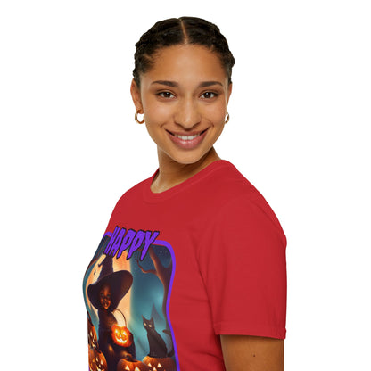 Happy Halloween Cute Witch Purple font Light colors Unisex T-Shirt by CreepyCrafts.boo
