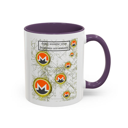 Monero (XMR) don't assume your freedoms are assured White Accent Mug by cypherpunkgear.com
