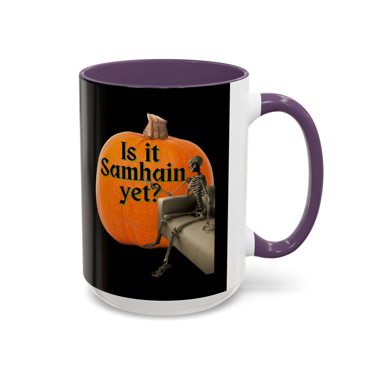 Is It Samhain Yet? Skeleton's Giant Pumpkin Black Accent Mug by CreepyCrafts.boo