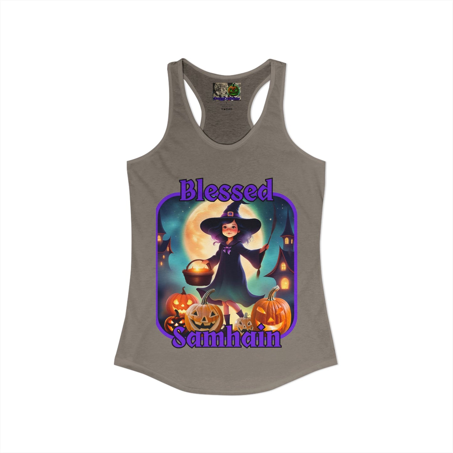 Blessed Samhain Little Witch Purple font Women's Racerback Tank Top by CreepyCrafts.boo