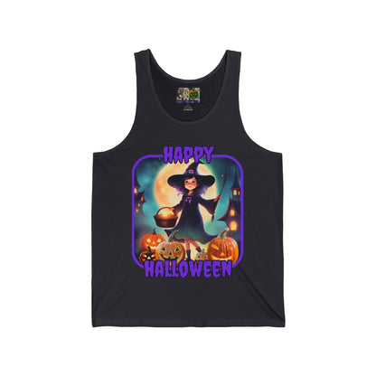 Happy Halloween Little Witch Purple font Unisex Jersey Tank Top by CreepyCrafts.boo