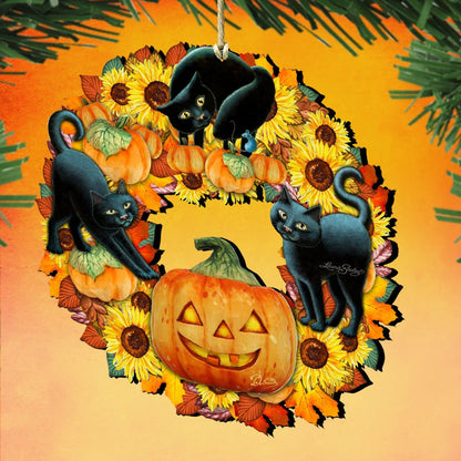 Halloween Cats Wreath Wooden Ornaments by G. DeBrekht and L. Seeley- Thanksgiving Halloween Decor - 8185305-4-SL