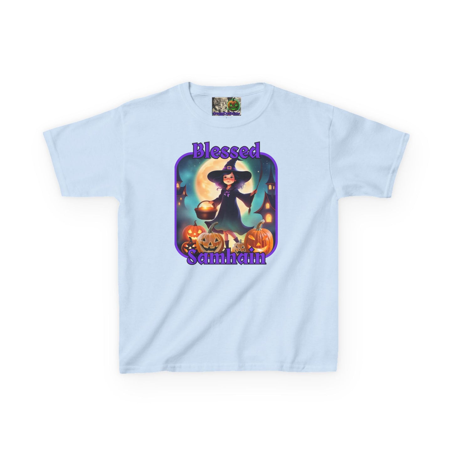 Blessed Samhain Little Witch Purple font Kids Heavy Cotton™ Tee by CreepyCrafts.boo