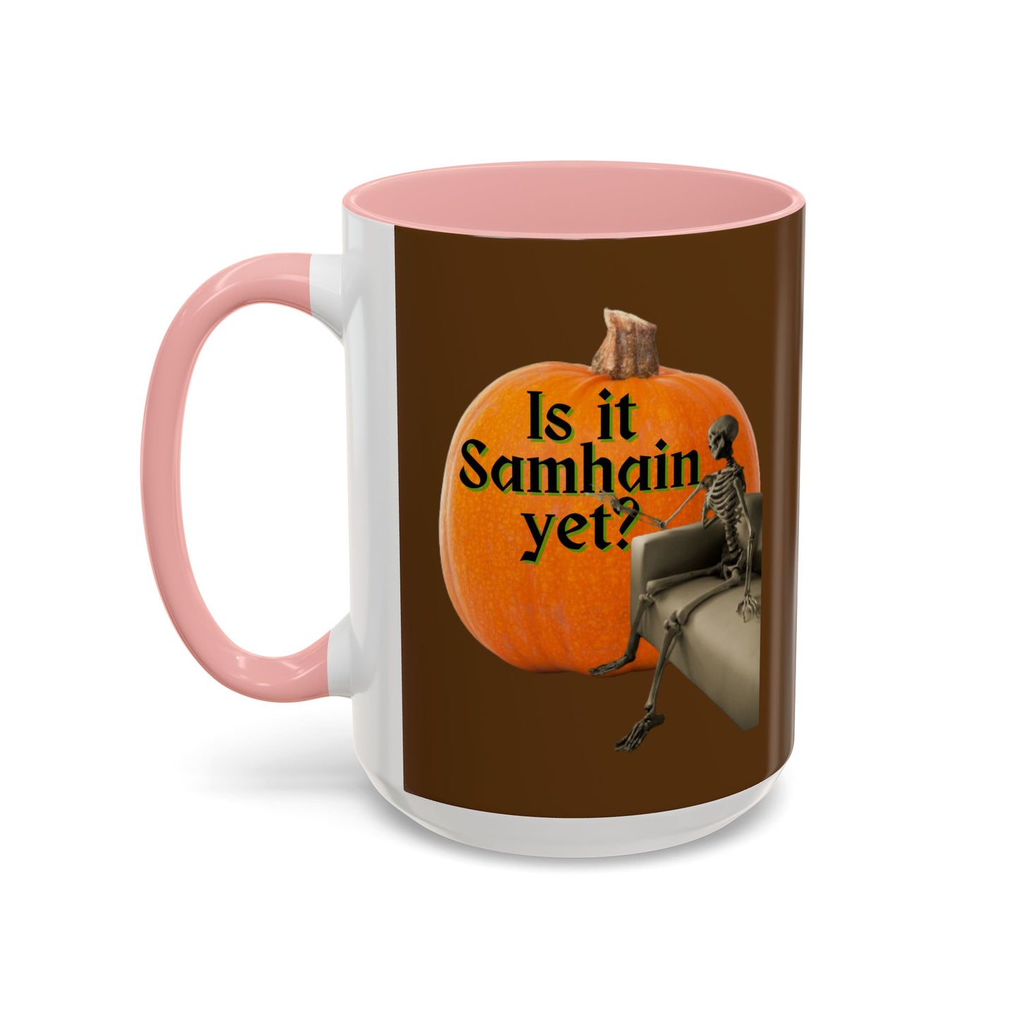 Is It Samhain Yet? Skeleton's Giant Pumpkin Brown Accent Mug by CreepyCrafts.boo