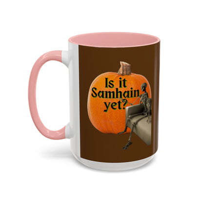 Is It Samhain Yet? Skeleton's Giant Pumpkin Brown Accent Mug by CreepyCrafts.boo