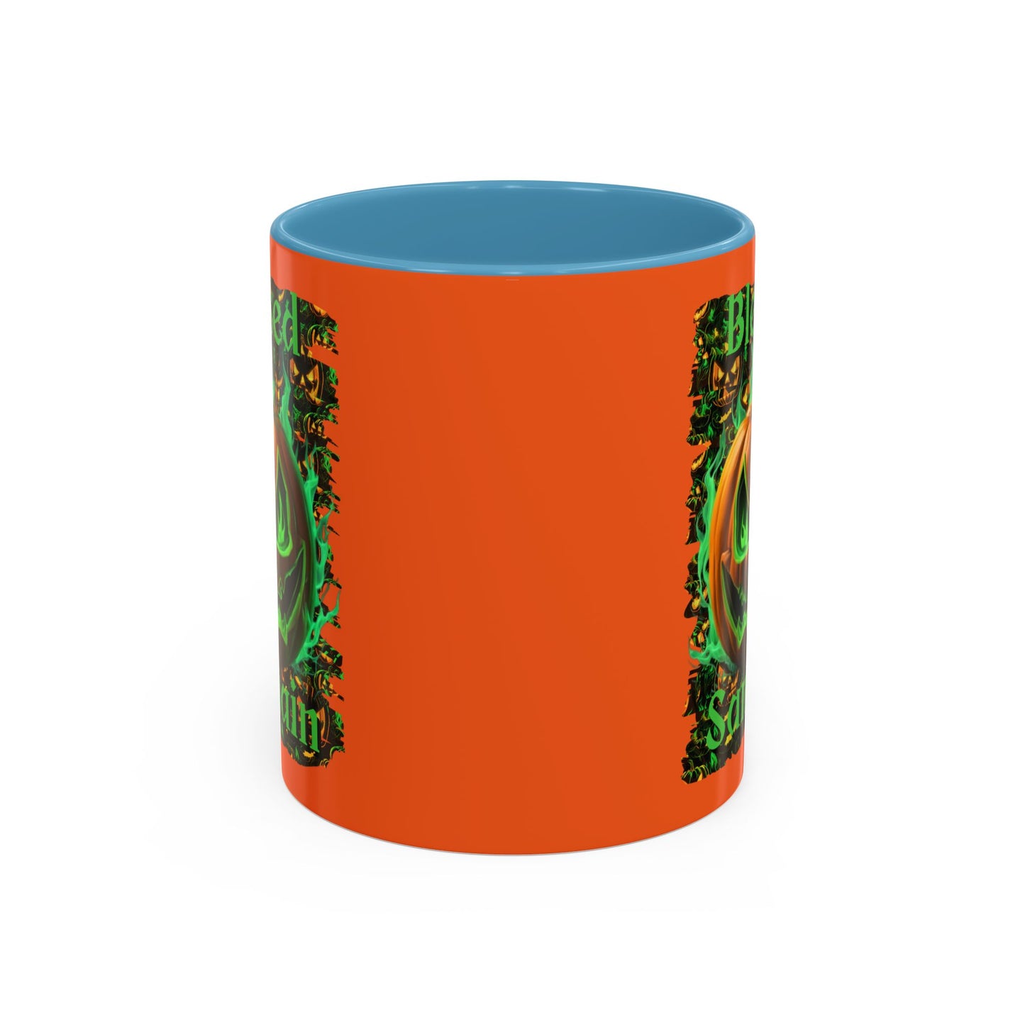 Blessed Samhain Green Jack Orange Accent Mug by CreepyCrafts.boo