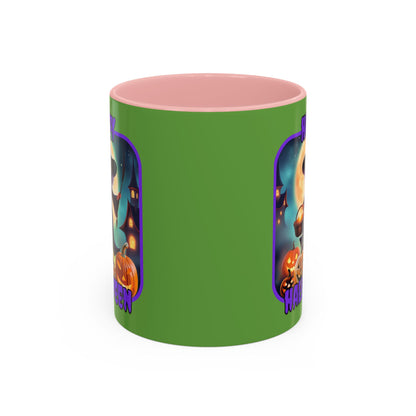 Happy Halloween Little Witch Purple font Green Accent Mug by CreepyCrafts.boo