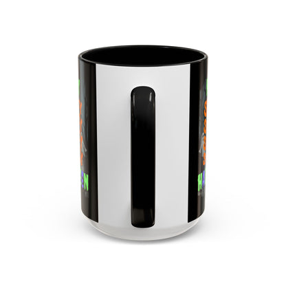 Spooky Happy Halloween Ghost Mixed font Black Accent Mug by CreepyCrafts.boo