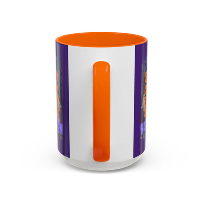 Spooky Happy Halloween Ghost Purple font Purple Accent Mug by CreepyCrafts.boo