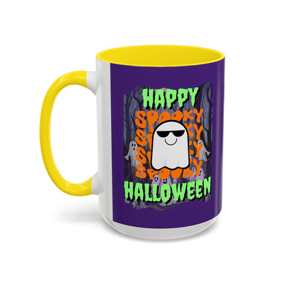 Spooky Happy Halloween Ghost Green font Purple Accent Mug by CreepyCrafts.boo