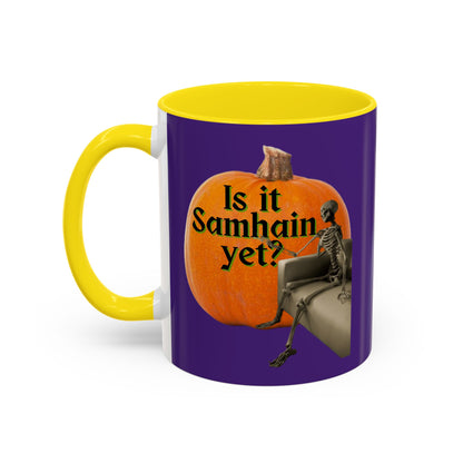 Is It Samhain Yet? Skeleton's Giant Pumpkin Purple Accent Mug by CreepyCrafts.boo