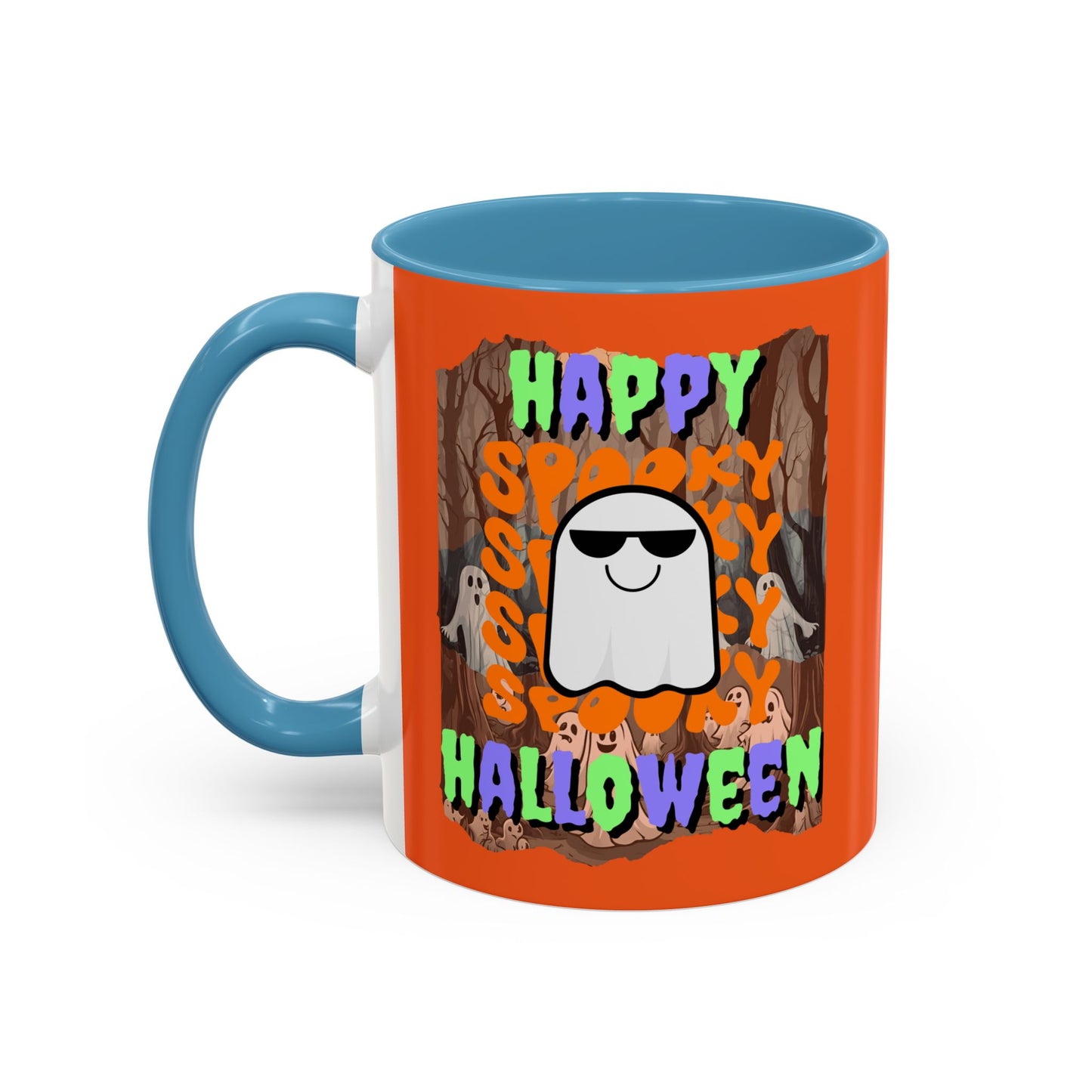 Spooky Happy Halloween Ghost Mixed font Orange Accent Mug by CreepyCrafts.boo