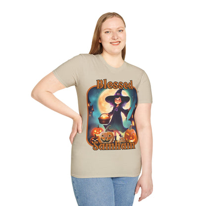 Blessed Samhain Little Witch Orange font Light colors Unisex T-Shirt by CreepyCrafts.boo