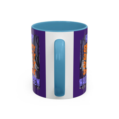 Spooky Happy Halloween Ghost Purple font Purple Accent Mug by CreepyCrafts.boo