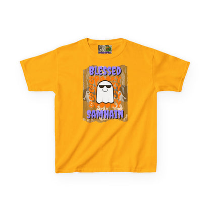 Spooky Blessed Samhain Ghost Purple font Kids Heavy Cotton™ Tee by CreepyCrafts.boo