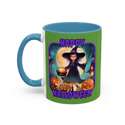 Happy Halloween Little Witch Purple font Green Accent Mug by CreepyCrafts.boo