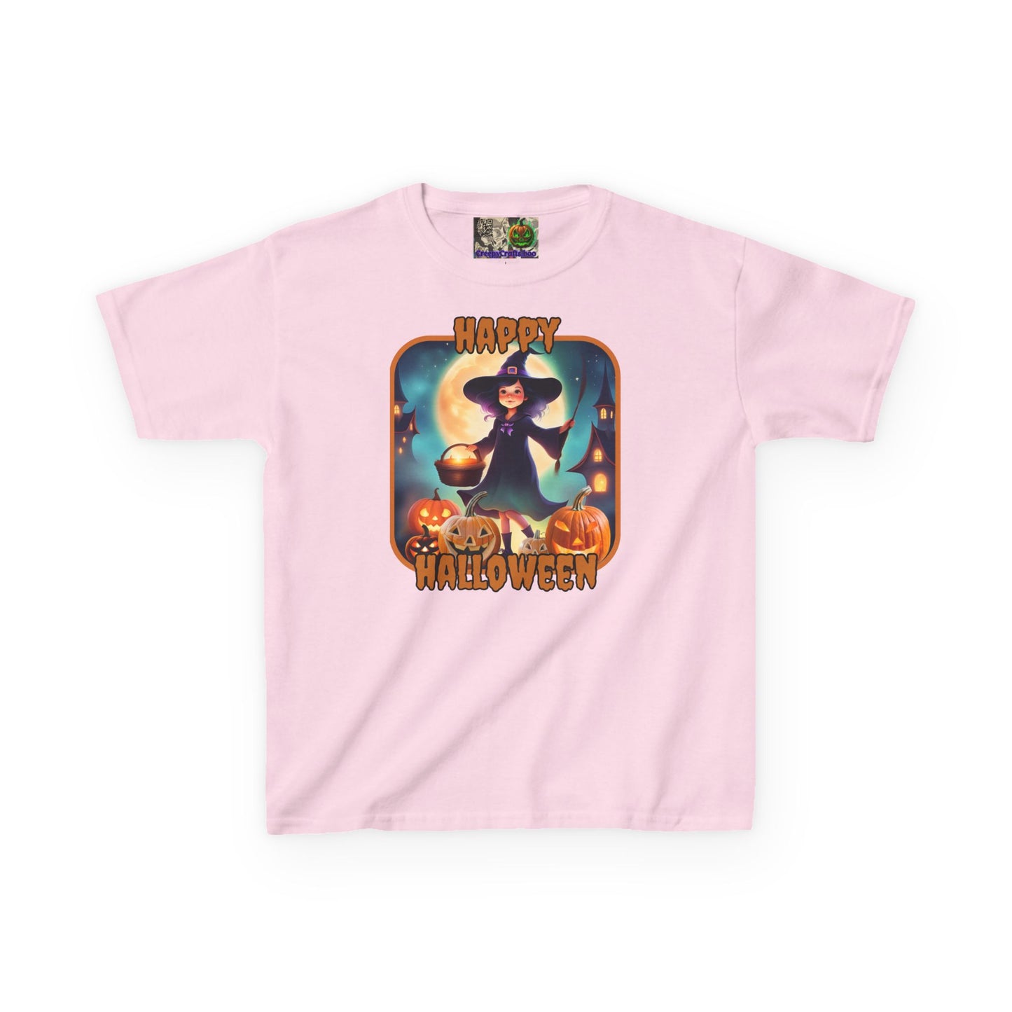 Happy Halloween Little Witch Orange font Kids Heavy Cotton™ Tee by CreepyCrafts.boo