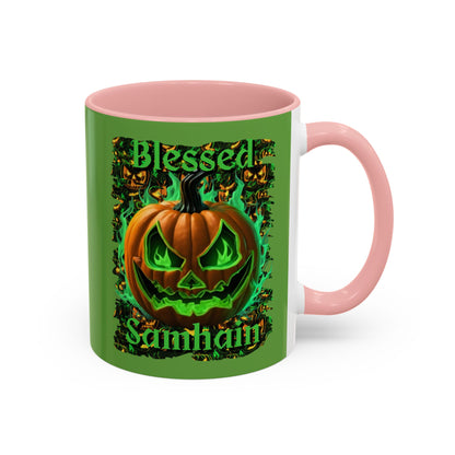 Blessed Samhain Green Jack Green Accent Mug by CreepyCrafts.boo