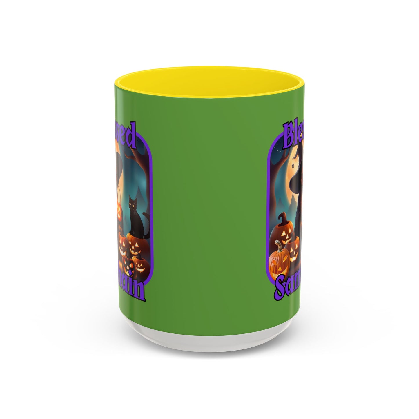 Blessed Samhain Cute Witch Purple font Green Accent Mug by CreepyCrafts.boo