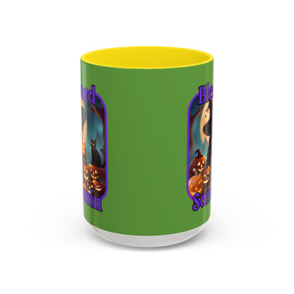 Blessed Samhain Cute Witch Purple font Green Accent Mug by CreepyCrafts.boo
