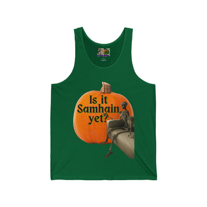 Is It Samhain Yet? Skeleton's Giant Pumpkin Unisex Jersey Tank Top by CreepyCrafts.boo