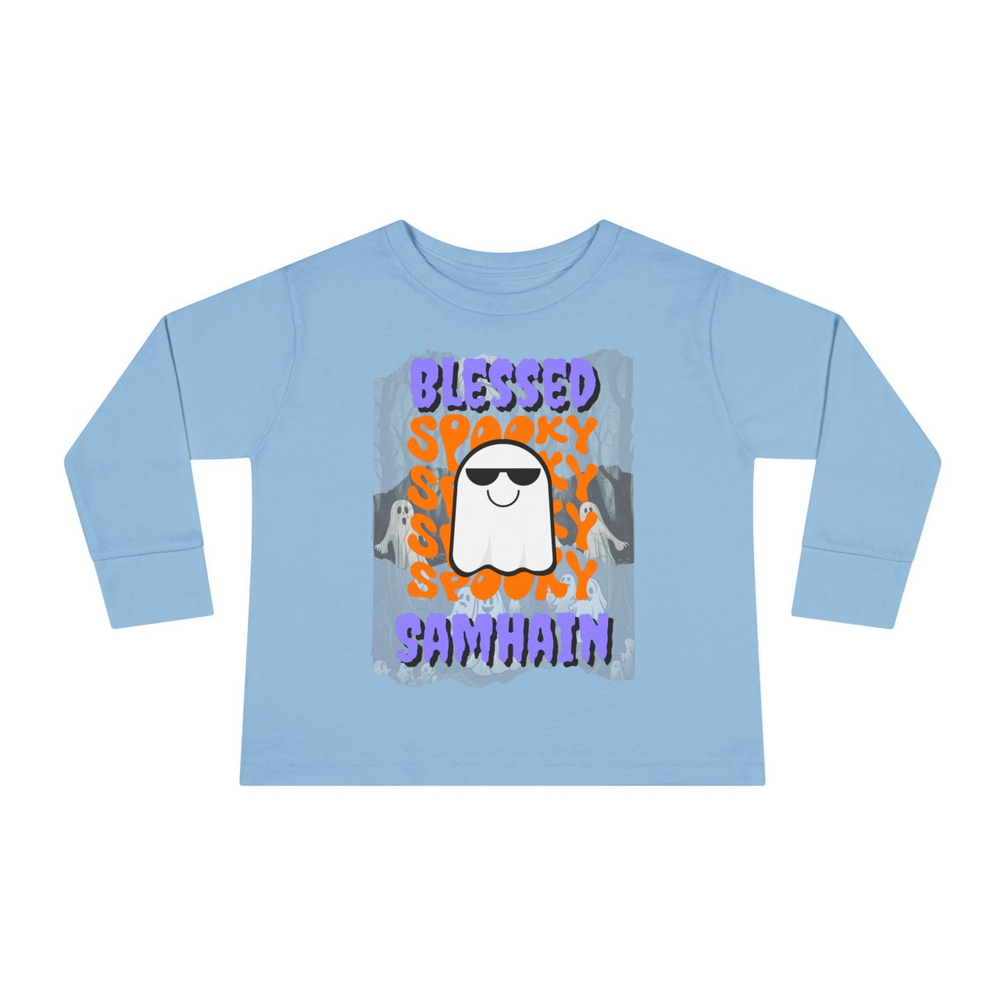 Spooky Blessed Samhain Ghost Purple font Toddler Long Sleeve Tee by CreepyCrafts.boo