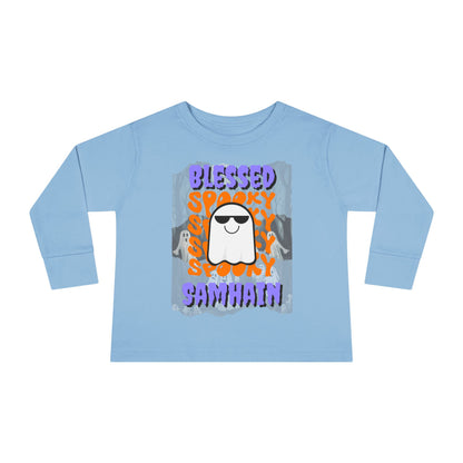 Spooky Blessed Samhain Ghost Purple font Toddler Long Sleeve Tee by CreepyCrafts.boo