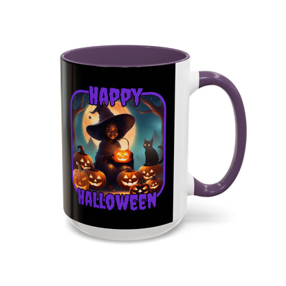 Happy Halloween Cute Witch Purple font Black Accent Mug by CreepyCrafts.boo