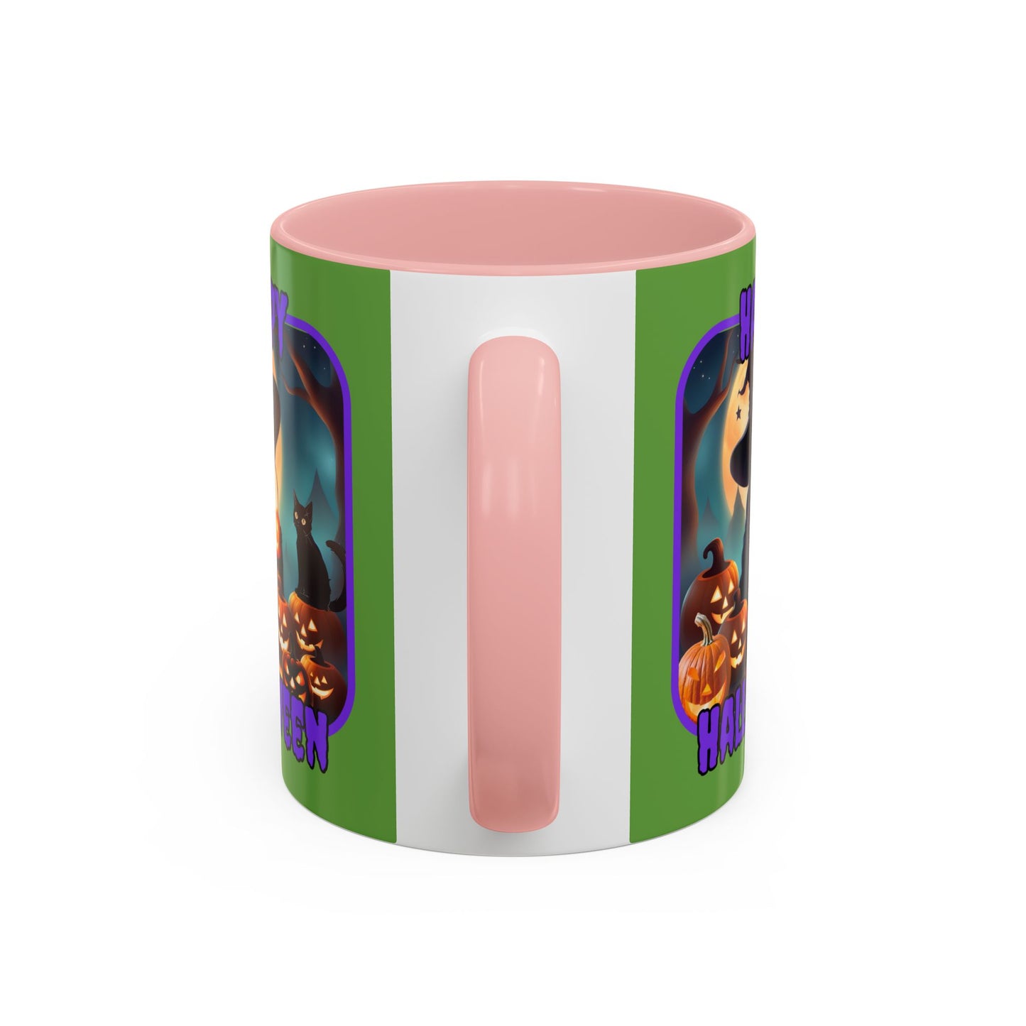 Happy Halloween Cute Witch Purple font Green Accent Mug by CreepyCrafts.boo