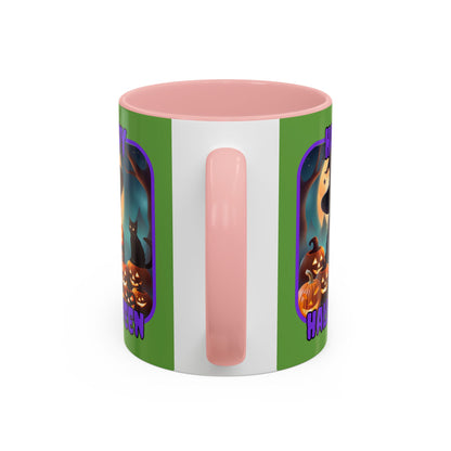 Happy Halloween Cute Witch Purple font Green Accent Mug by CreepyCrafts.boo