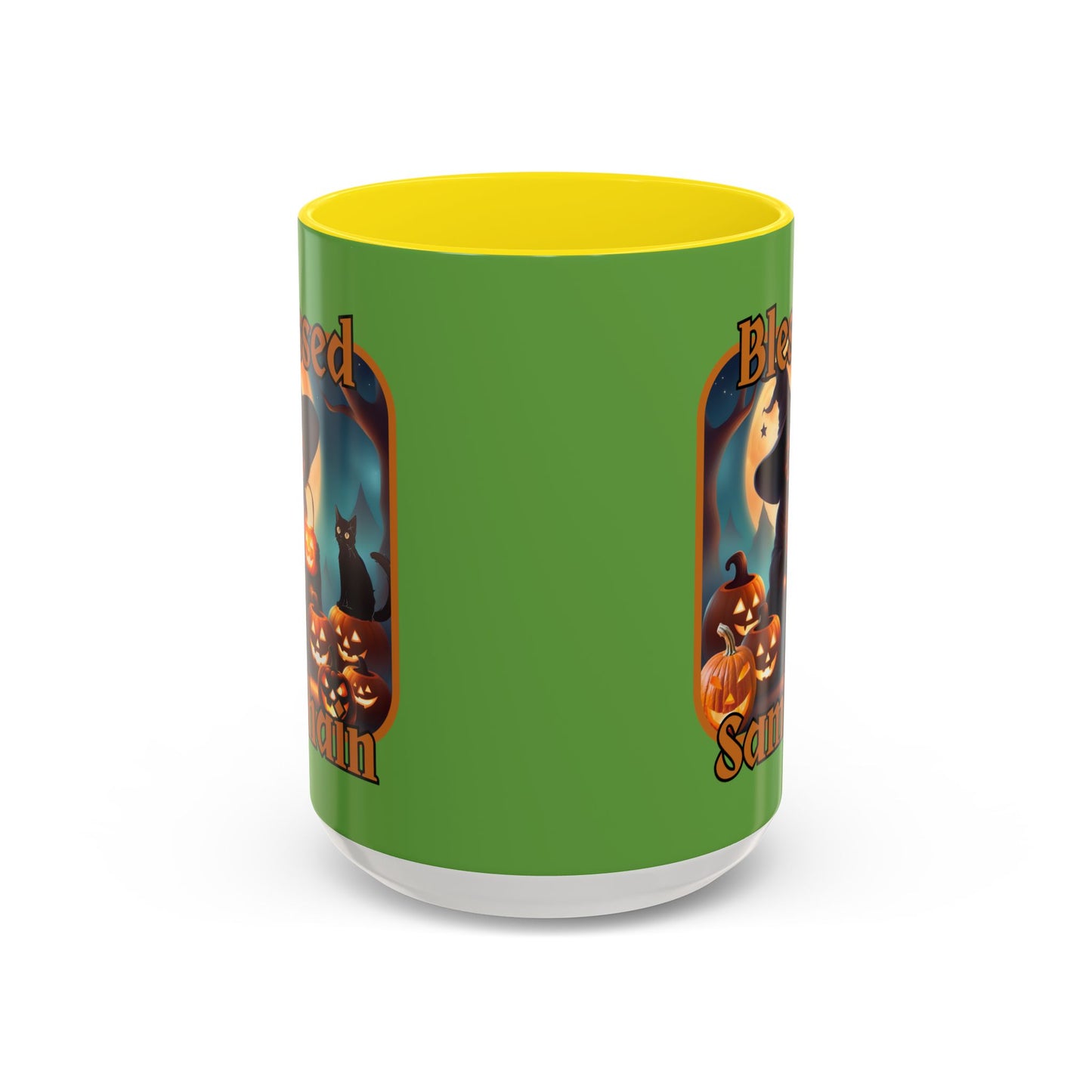 Blessed Samhain Cute Witch Orange font Green Accent Mug by CreepyCrafts.boo