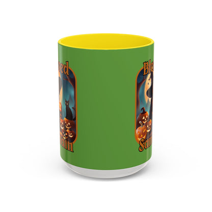 Blessed Samhain Cute Witch Orange font Green Accent Mug by CreepyCrafts.boo