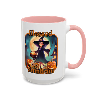 Blessed Samhain Little Witch Orange font White Accent Mug by CreepyCrafts.boo