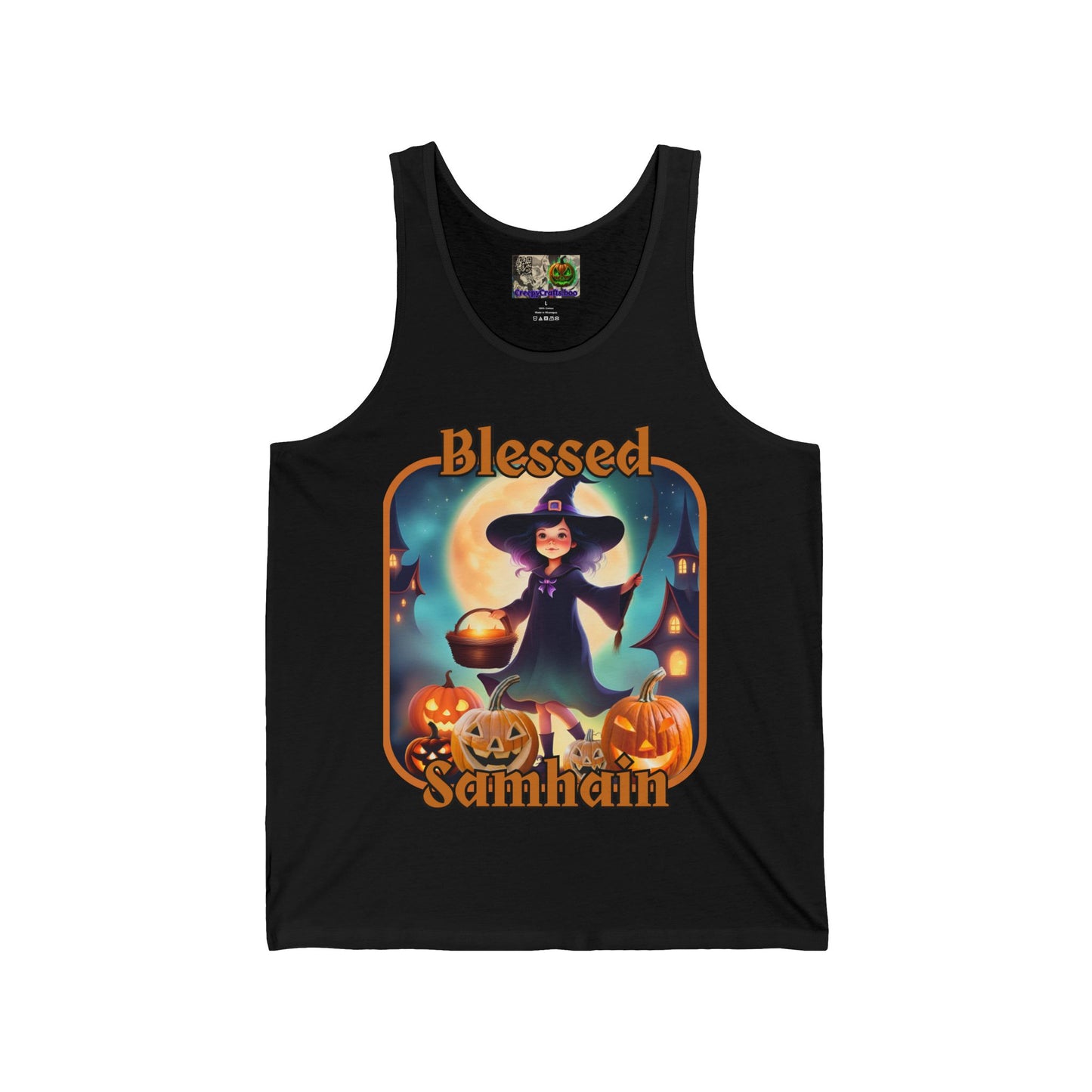 Blessed Samhain Little Witch Orange font Unisex Jersey Tank Top by CreepyCrafts.boo